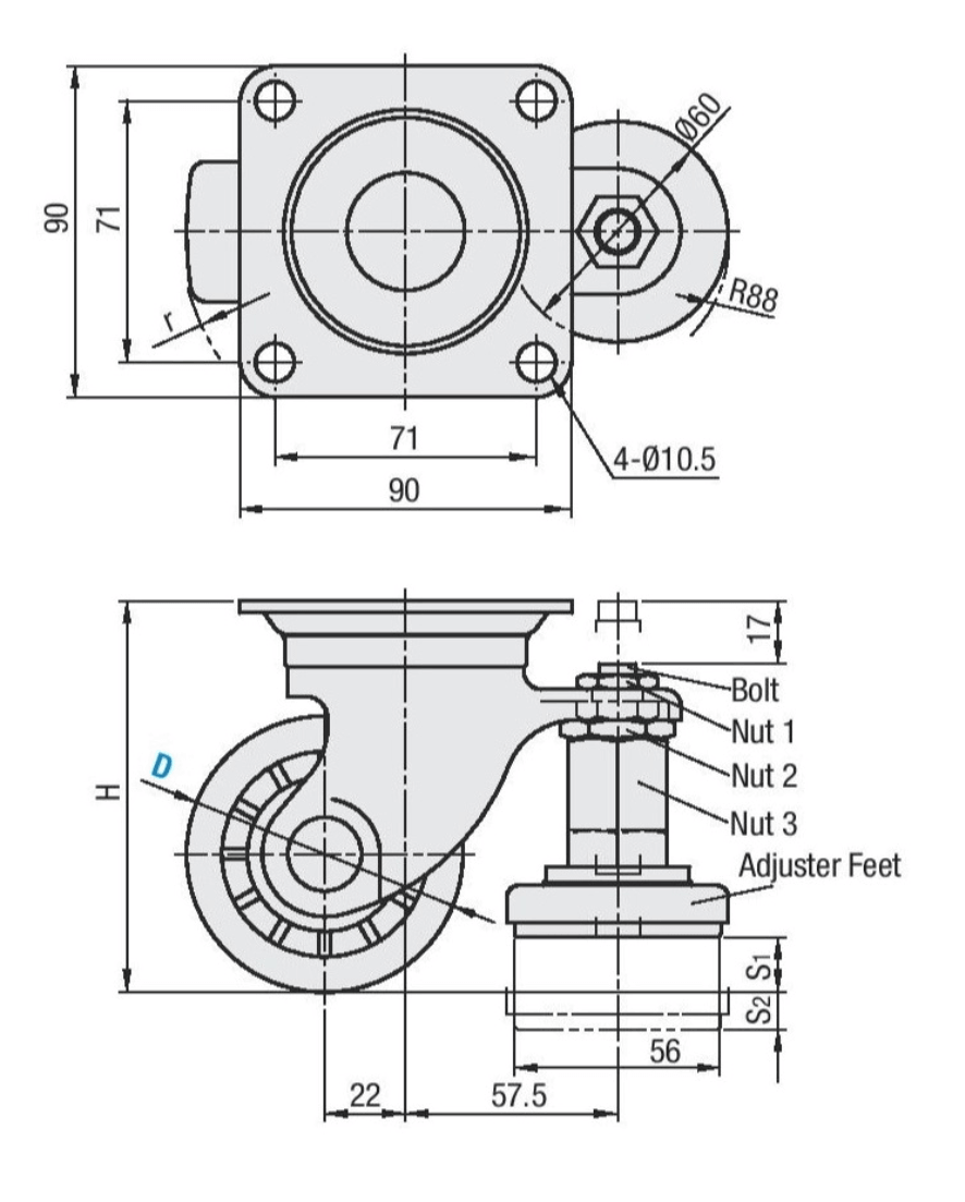 leveling mount caster drawing